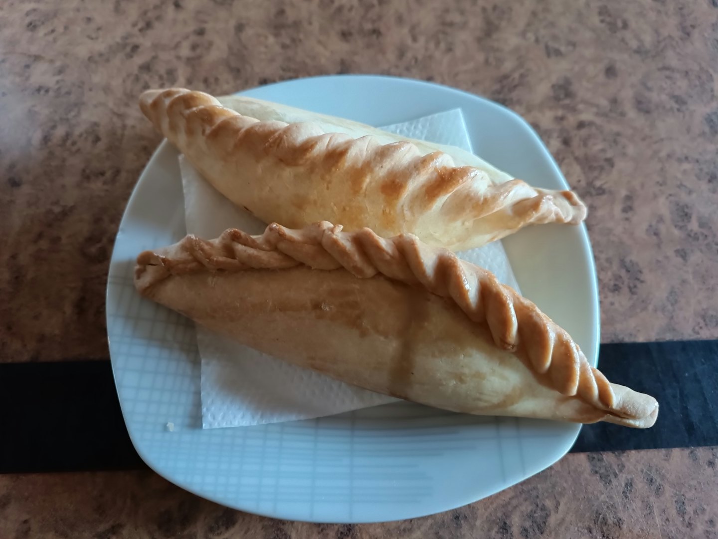 Two golden brown empanadas resting on a patterned plate.